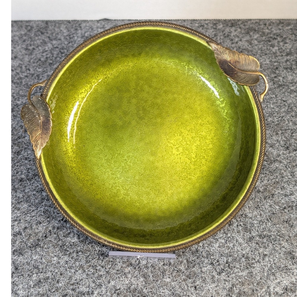 Evans Hand Enameled Green Dish Leaf Edging Mid Century Modern Decorative Bowl